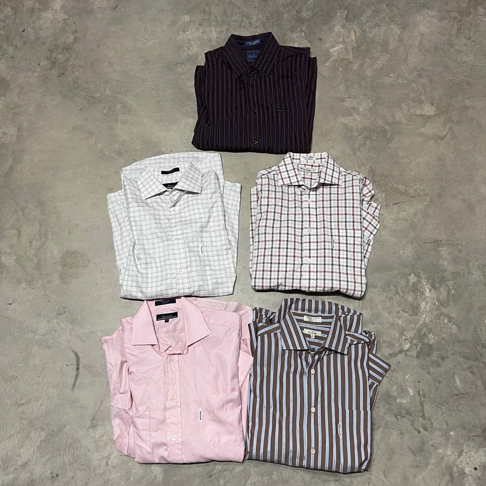 Lot of 5 Faconnable Mens Large Button Down Shirts Cotton Striped Plaid Pink